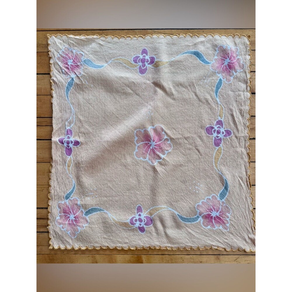 60s 80s vintage square scalloped scarf bandana floral watercolor gold cream pink